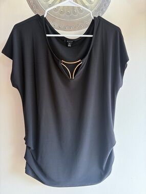 AUW Black Short-Sleeve Blouse with Gold Neck Accent